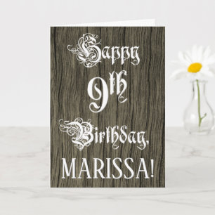Cartão 9.o Aniversário: Rico, Texto Elegante; Faux Wood 