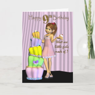 Cartão 9th Birthday, Happy Birthday Card little girl with