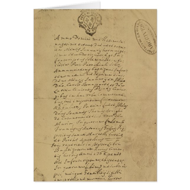 Cartão A certidão de nascimento de Napoleon, 1769 (Frente)