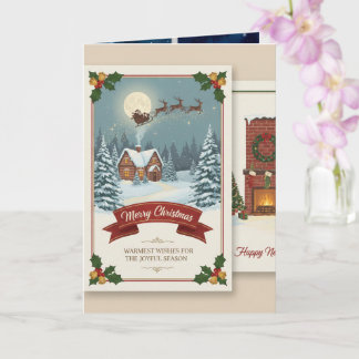 Cartão A Christmas card with snowy scenes, festive text,