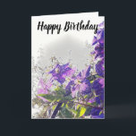 Cartão A flor do Clematis do feliz aniversario do *~*<br><div class="desc">* Cartão versátil das mensagens da fotografia artística roxa da flor do feliz aniversario do Clematis * Esta foto tomada por mim mesmo é de um de meu clematis que cresce acima uma treliça perto de minha caixa postal. Eu olho tão dianteiro a ela que volta após um inverno nevado...</div>