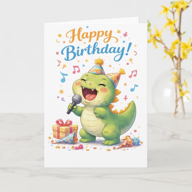 Cartão A fun dinosaur singing happy birthday (Flor Amarela)