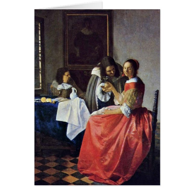 Cartão A menina com um Wineglass. Por Johannes Vermeer (Frente)