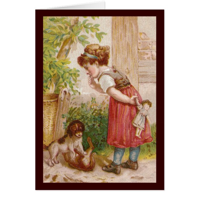 Cartão A menina olha o comportamento disparatado do gato (Frente)