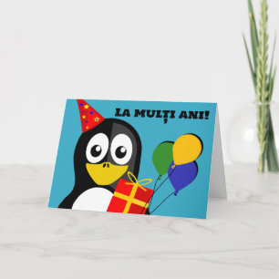 Cartão A multiani! Feliz aniversário no pinguim romeno