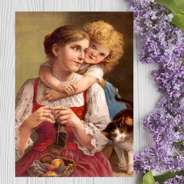 Cartão A tricotar mãe com filho e gato (Criador carregado)