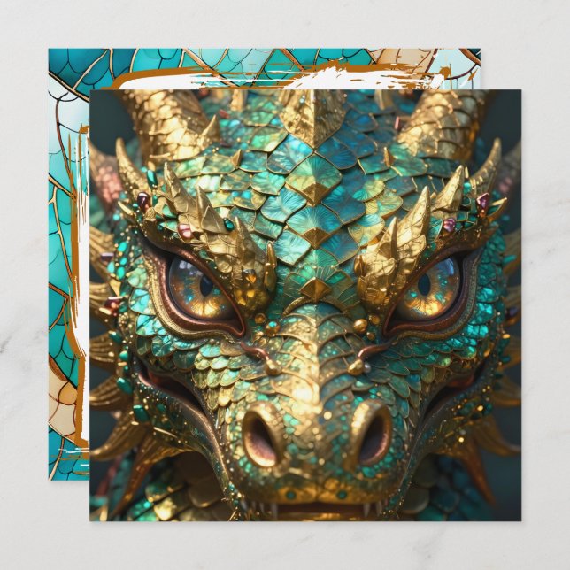 Cartão A Turquoise and Gold Dragon Mystical (Frente/Verso)