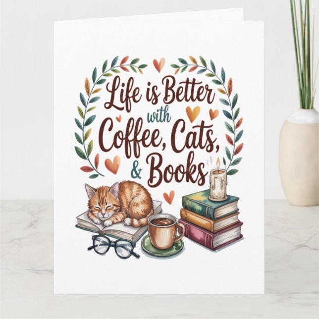 Cartão A Vida é Melhor com Café Gatos Livros (Frente)