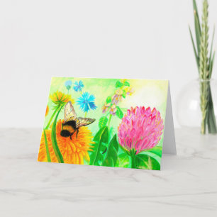 Cartão Abeja Fluffy em uma Flor de Dente-de-Leão 