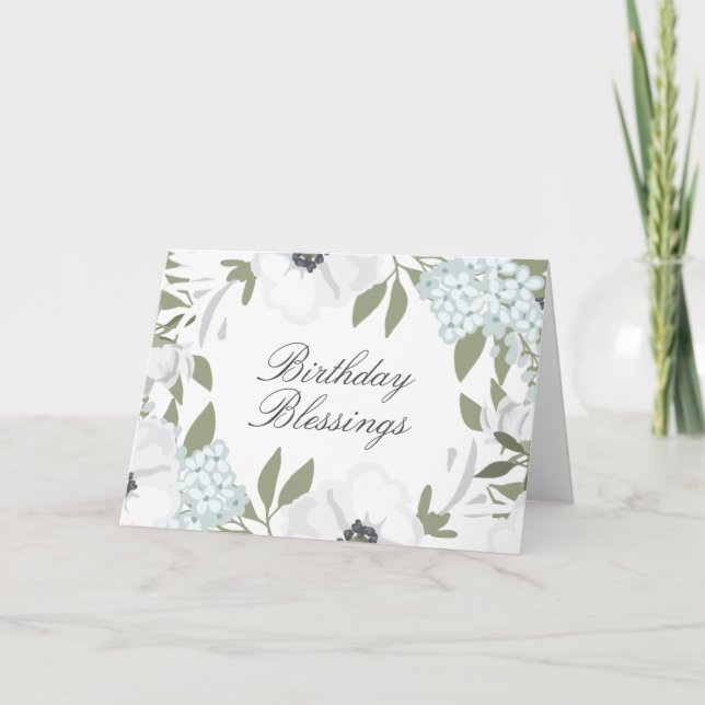 Cartão Abençoações de Aniversário Branco e Azul Aquarela  (Frente)