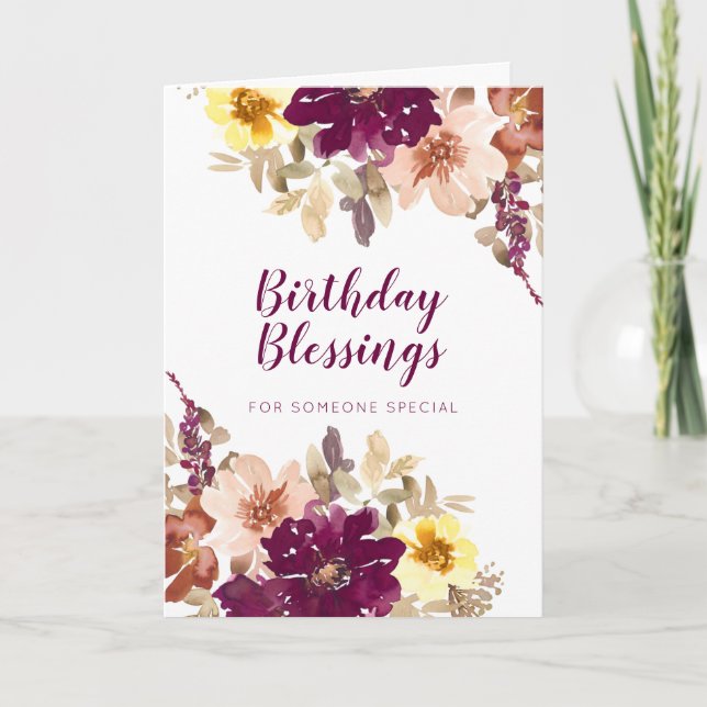 Cartão Abençoações de Aniversário Plum Watercolor Floral (Frente)