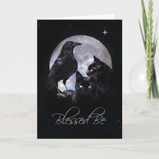 Cartão Abençoado seja Raven e Black Cat Wicca Aniversário (Frente)