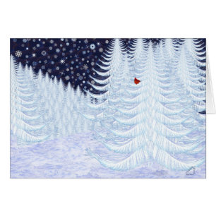 Cartão Abetos nevado com pássaro vermelho