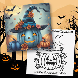 Cartão Abóbora Azul de Halloween & Página para Colorir Pe