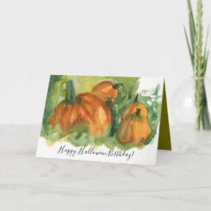 Cartão Abóbora de Aniversário de Halloween em Aquarela
