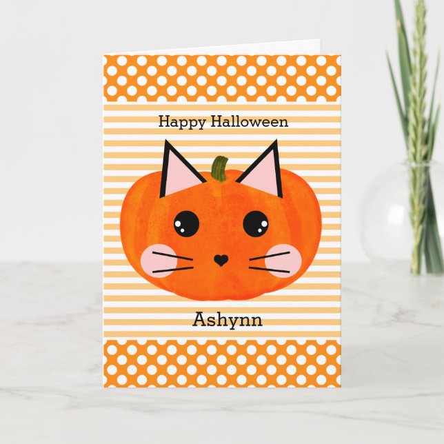 Cartão Abóbora de Gato de Halloween Personalizada (Frente)