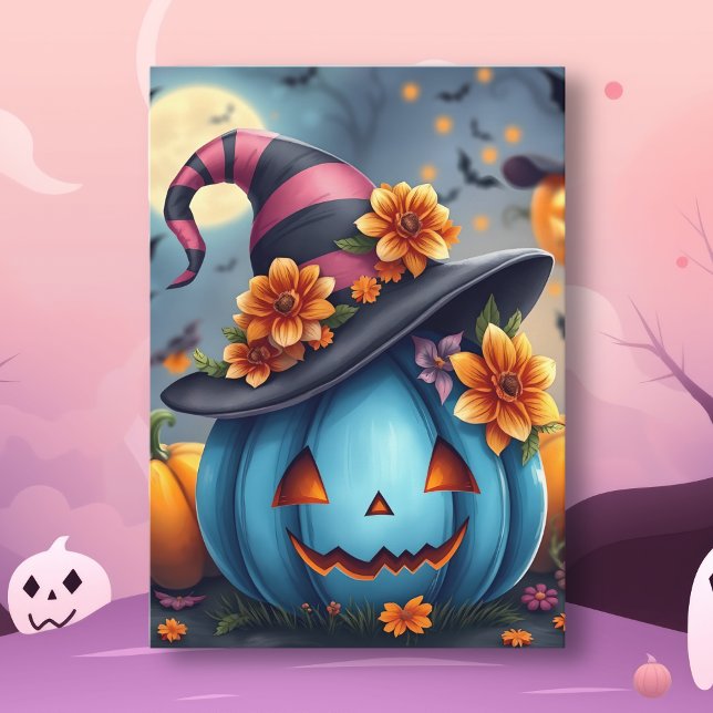 Cartão Abóbora de Halloween Azul Bonita Jack-o-lantern (Criador carregado)