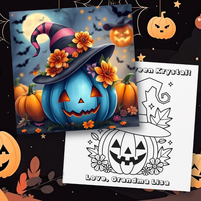 Cartão Abóbora de Halloween Azul & Pinte-me  (Criador carregado)