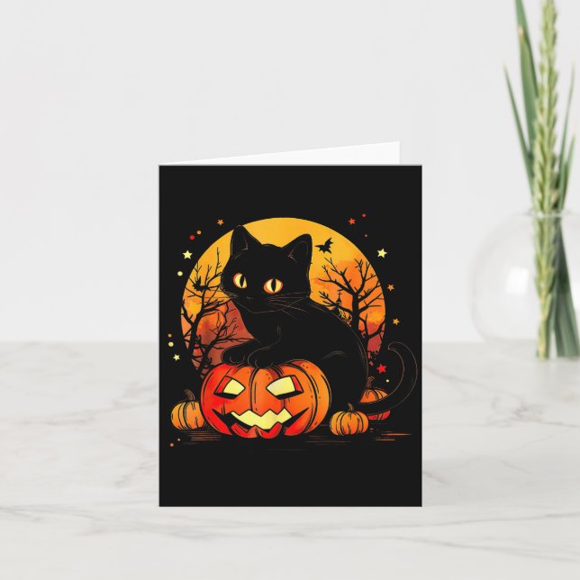 Cartão Abóbora de Halloween Gato Preto (Frente)