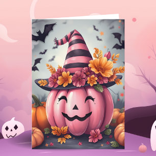 Cartão Abóbora de Halloween Rosa Bonita Jack-o-lantern