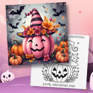 Cartão Abóbora de Halloween Rosa & Página para Colorir Pe
