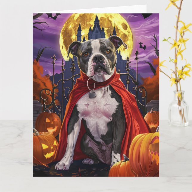 Cartão Abóbora de Pitbull Vampiro do Halloween Assustador (Flor Amarela)