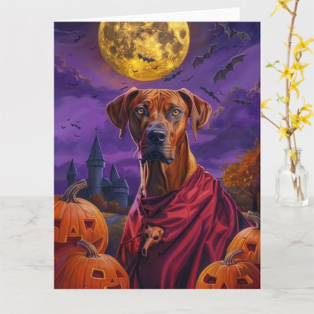 Cartão Abóbora de Vampiro Rhodesian Ridgeback no Hallowee (Flor Amarela)