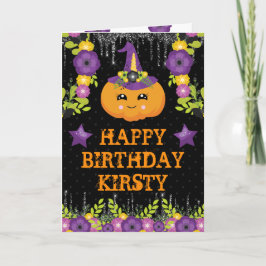 Cartão Abóbora Floral de Halloween Fofo Aniversário Feliz