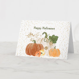 Cartão Abóbora Laranja de Halloween Dourado Floral