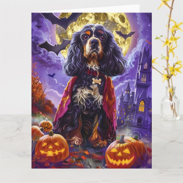 Cartão Abóbora Vampira Cocker Spaniel Assustador de Hallo (Flor Amarela)