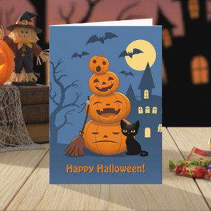 Cartão Abóboras de Halloween e Gato Negro