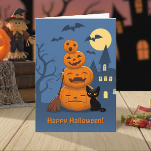 Cartão Abóboras de Halloween e Gato Preto