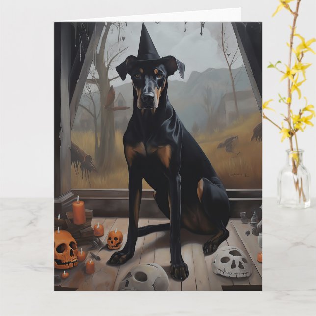Cartão Abóboras Doberman no Halloween Assustador (Flor Amarela)