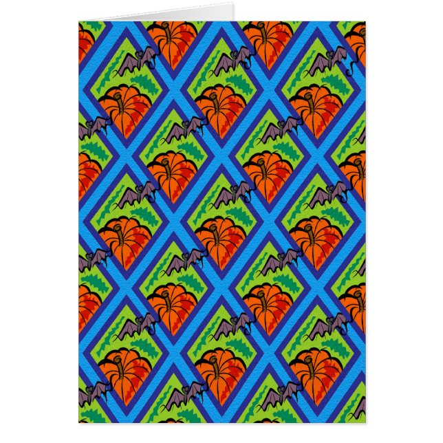 Cartão Abóboras e Morcegos em Padrões de Verde/Azul (Frente)