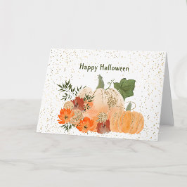 Cartão Abóboras Laranja de Halloween Flores Confete Doura