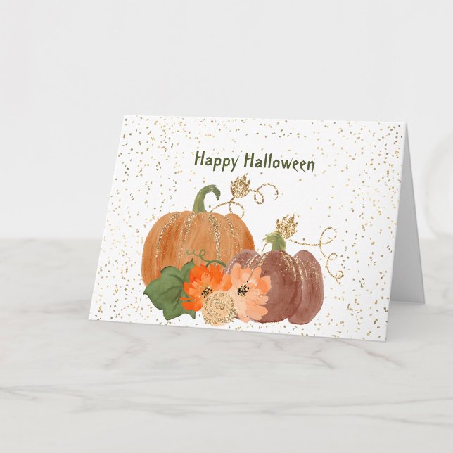 Cartão Abóboras Laranja de Halloween Flores Dourado (Criador carregado)