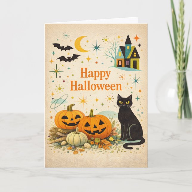 Cartão Abóboras Laranja de Meados do Século Halloween (Frente)