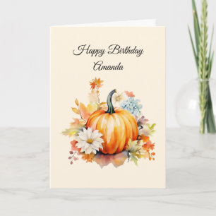 Cartão Abóboras Laranja e Flores Aniversário Outono
