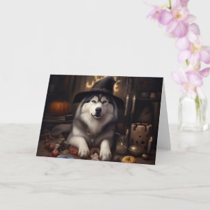 Cartão Abóboras Malamute do Alasca Halloween Assustador