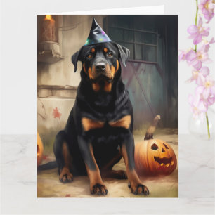 Cartão Abóboras Rottweiler Dia das Bruxas Assustador