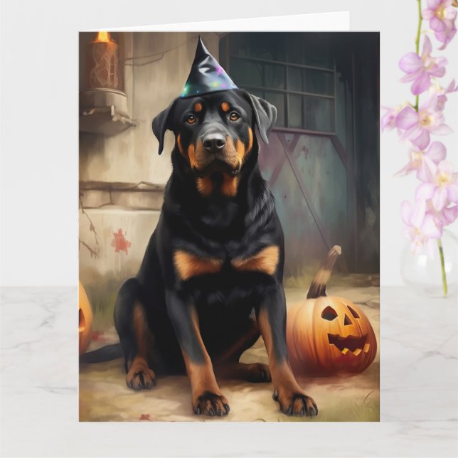 Cartão Abóboras Rottweiler Dia das Bruxas Assustador (Orquídea)