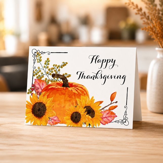 Cartão Abóboras Rústicas de Ação de Graças Girassol (Watercolor Pumpkins Thanksgiving Card)