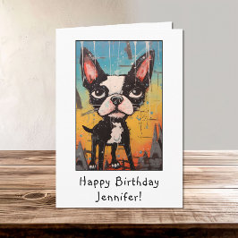 Cartão Abstrato Engraçado Boston Terrier Happy Aniversári