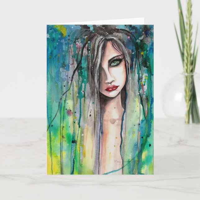 Cartão Abstrato Watercolor Mulher Retrato Fantasy Art (Frente)