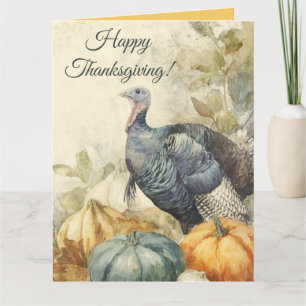 Cartão Ação de Graças Editável Turquia Pumpkins e Folhas