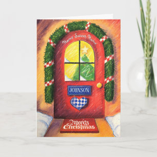Cartão Acolhedor Natal Vermelho Amigável Porta da Frente