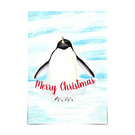 Cartão Adélie Penguin Merry Christmas Watercolor Card