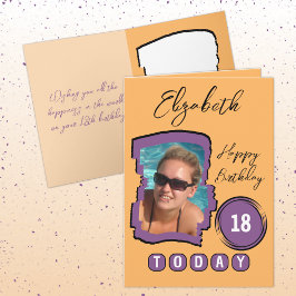 Cartão Adicionar nome foto laranja roxo 18º aniversário