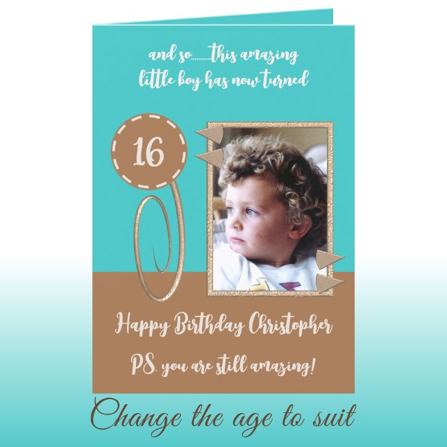 Cartão Adicionar turquesa fotográfica e 16 anos castanho (Criador carregado)