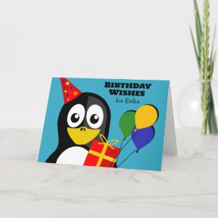 Cartão Adicione um nome Aniversário Deseja com o Pinguim